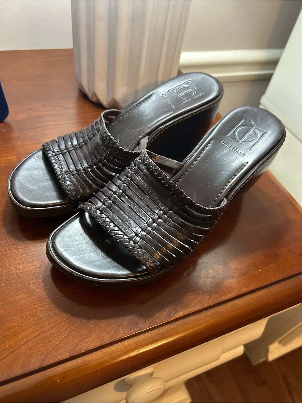 Cole Haan Brown Woven Leather Slide Mules